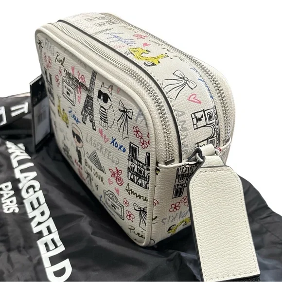 Karl Lagerfeld Paris Crossbody Bag Paris Print Cream Logo Strap Adjustable NWT - Picture 7 of 14
